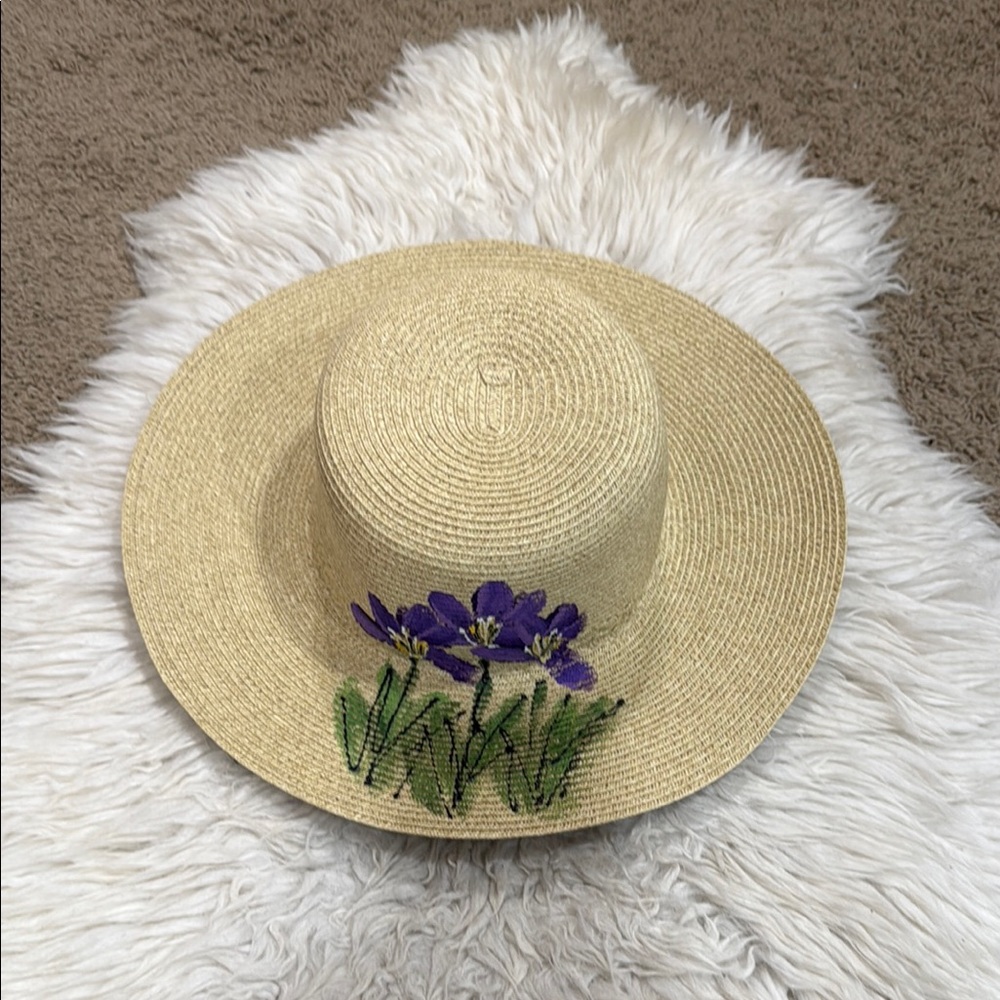 Joy Susan Hand Painted Woven Paper Floral Brim Sunhat OS